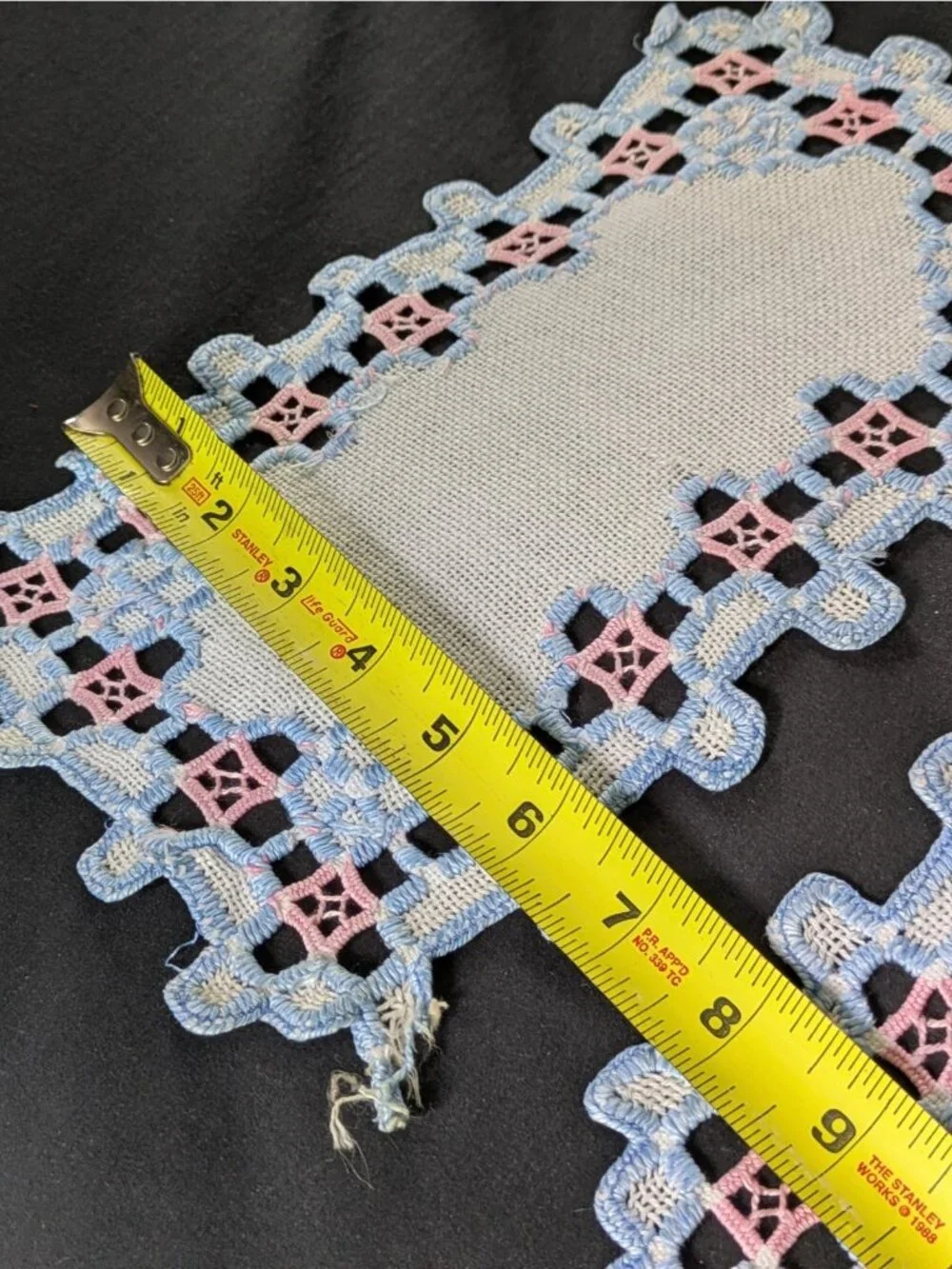 Vtg Handmade Embroidered Doily Set of 3 Rectangle Blue and Pink on White Linen